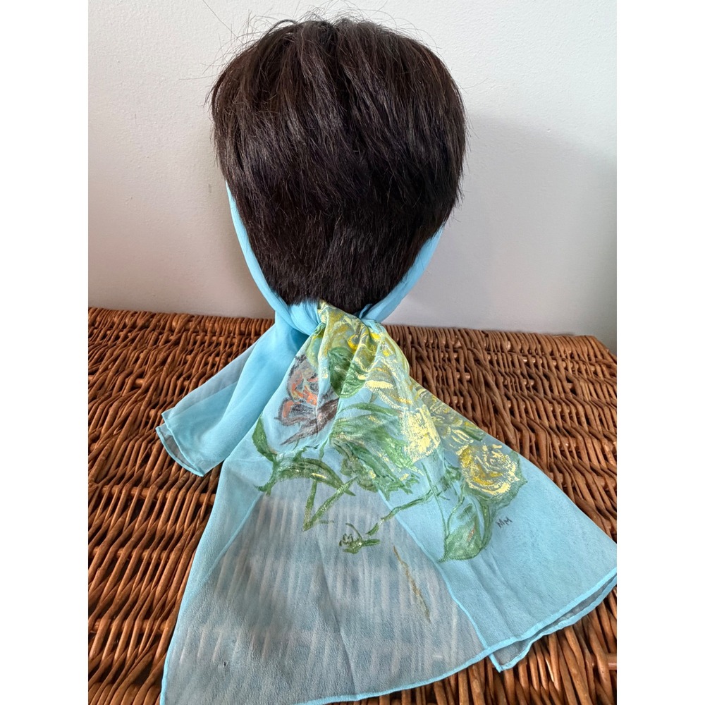 Vintage Vera Neumann Verasheer Blue Silk Blend Rose Butterfly Scarf Japan MM